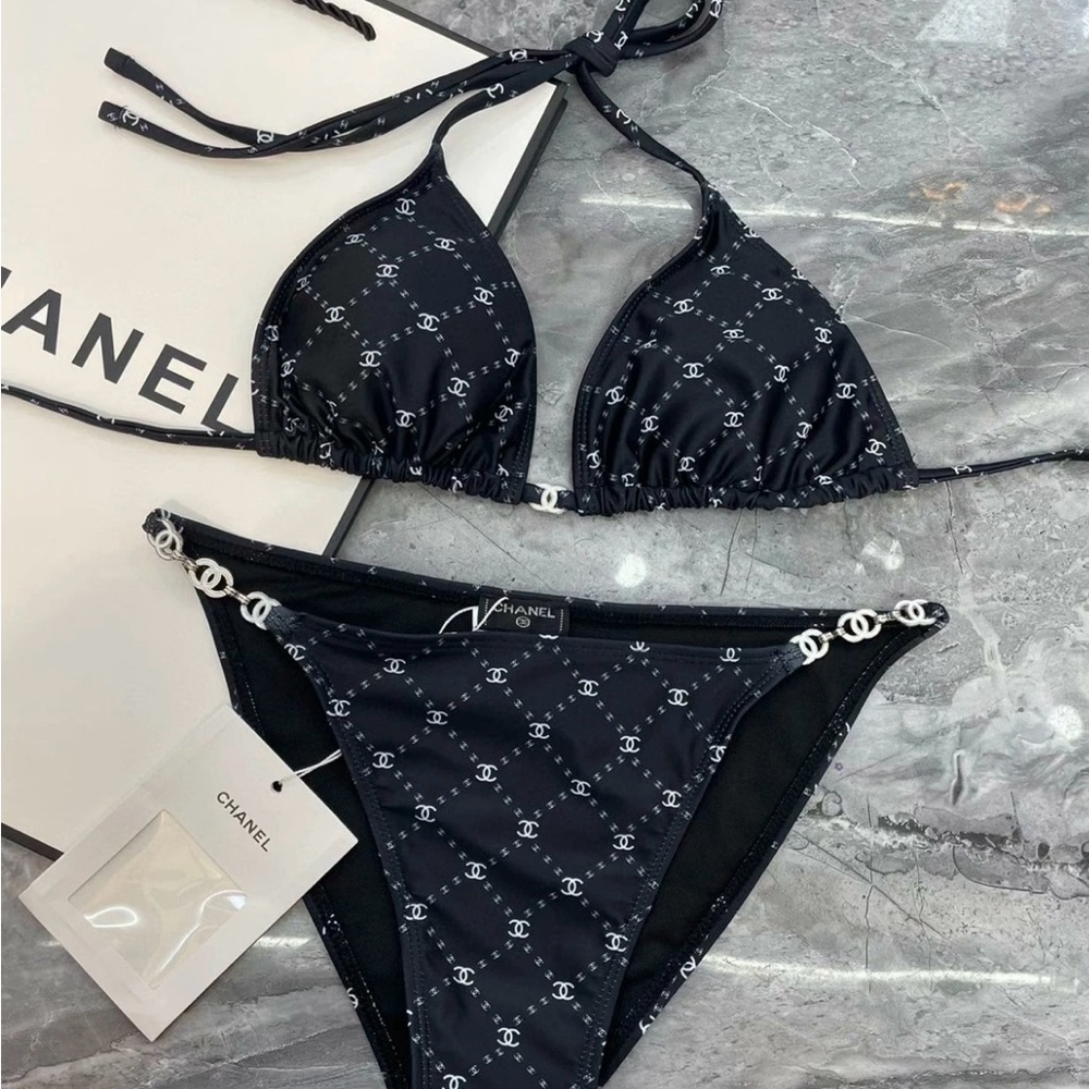 CHANEL Black Triangle Bikini with Logo Print